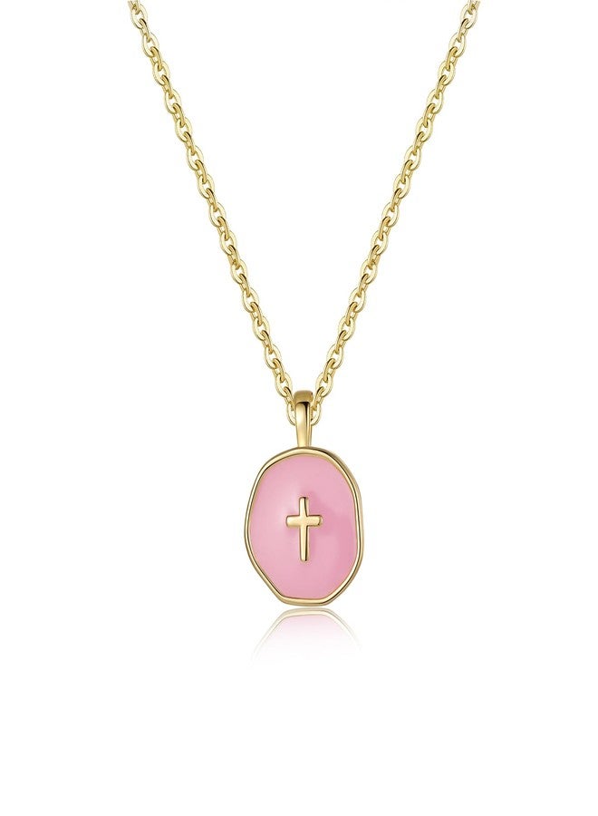 GINAZL Cross Necklace for Women, Pink 14k Gold Plated Cross Necklace for Women Gold Pendant Small Pendant for Teen Christmas Day Birthday Gifts Idea for Wife Valentines Day Gifts for Her (P) - Image 1